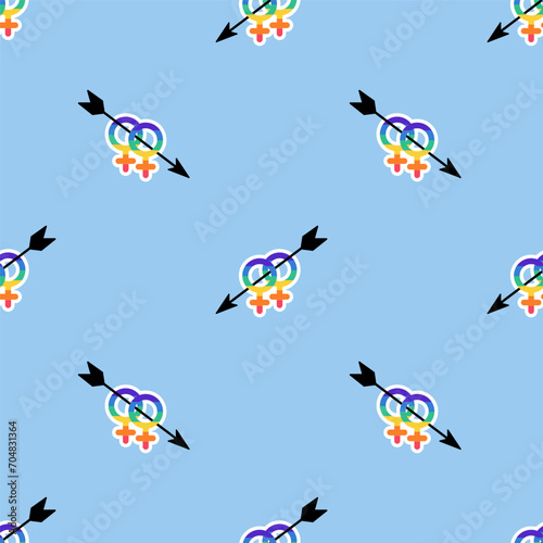 Seamless Pattern with Lesbian Love symbol in LGBT flag colors. Two female gender icons icon pierced by an arrow in Rainbow color. Texture with LGBT sticker. LGBTQ, LGBT pride community Symbol.