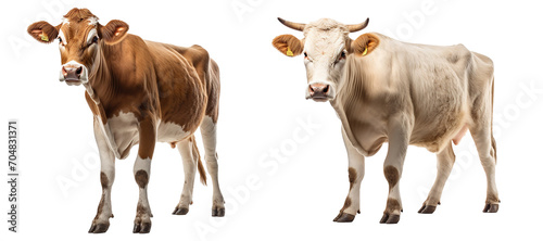 Set of standing cow isolated on transparent background. Front view of white and red cow. Generative AI