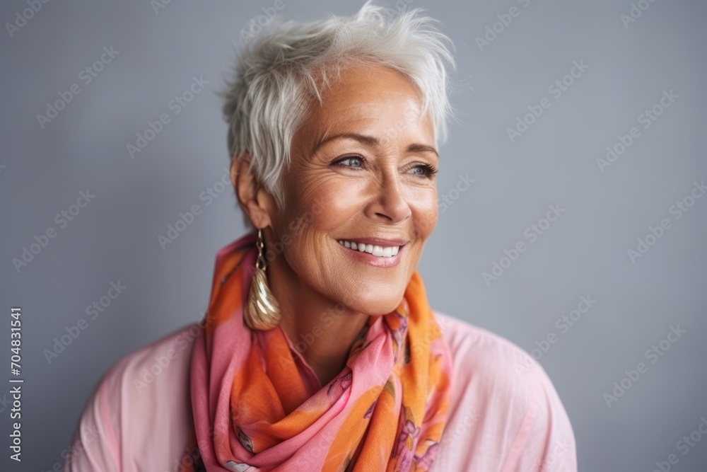 Portrait of a happy senior woman smiling at the camera over grey background Portrait of a happy senior woman smiling at the camera over grey background