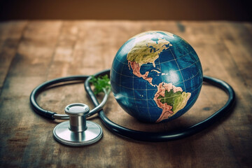Stethoscope with globe on wooden background. World health day. earth day