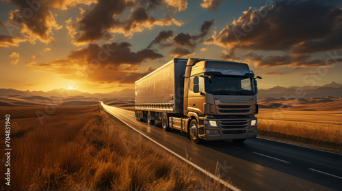 Large transport truck transporting commercial cargo on way highway road with mountains scenery