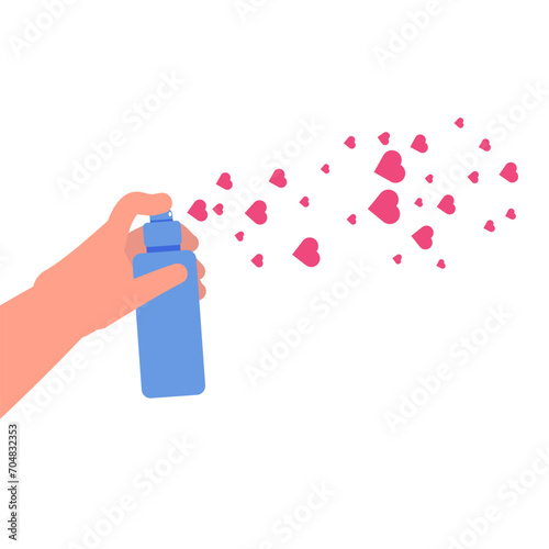 Hand hold Aerosol with hearts. Sharing love, voluntary concept. Vector illustration.