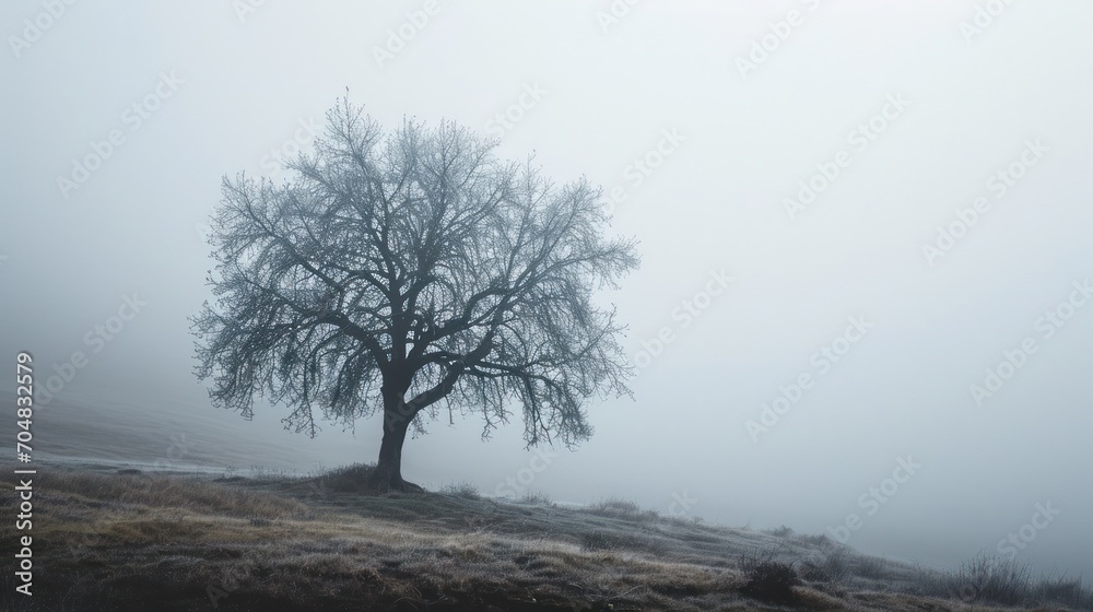 a lone tree in a foggy field with no leaves on the tree and no leaves on the grass on the ground. a lone tree in a foggy field with no leaves on the tree and no leaves on the grass on the ground.