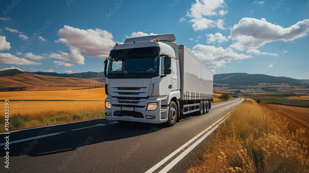 Large transport truck transporting commercial cargo on way highway road with mountains scenery Large transport truck transporting commercial cargo on way highway road with mountains scenery
