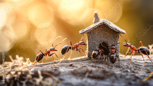 A group of ants building a tiny house, symbolizing teamwork and collective effort photo