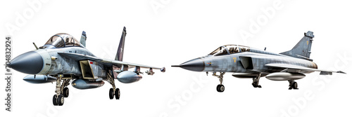 Set of fighter jet aircraft isolated on transparent background. Side view of grey military airplane. Generative AI