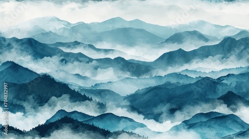  a painting of a mountain range with clouds in the foreground and a blue sky in the middle of the picture.