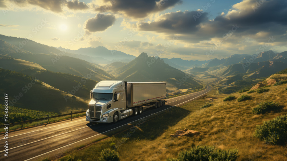 Large transport truck transporting commercial cargo on way highway road with mountains scenery