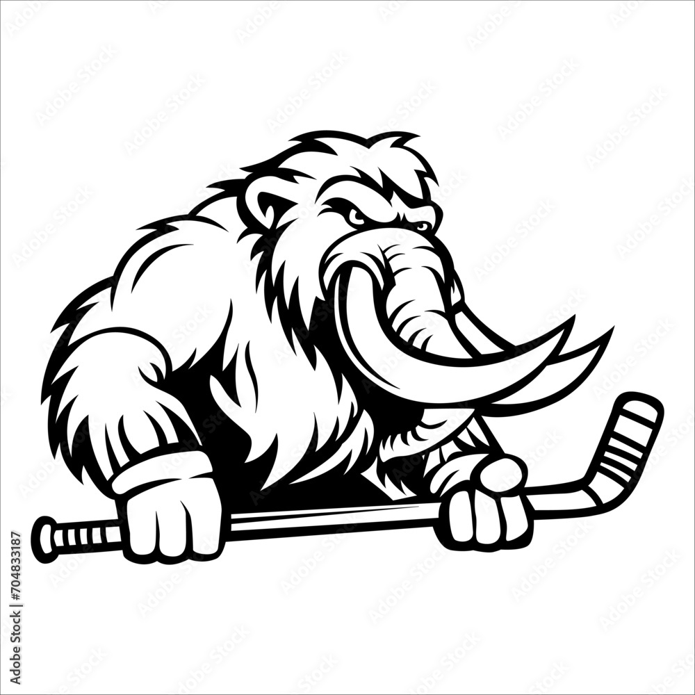 Obraz premium Angry Mammoth. hockey team logo. Mammoth mascot, emblem of a Mammoth on a white background. Mammoth vector illustration. black-and-white version