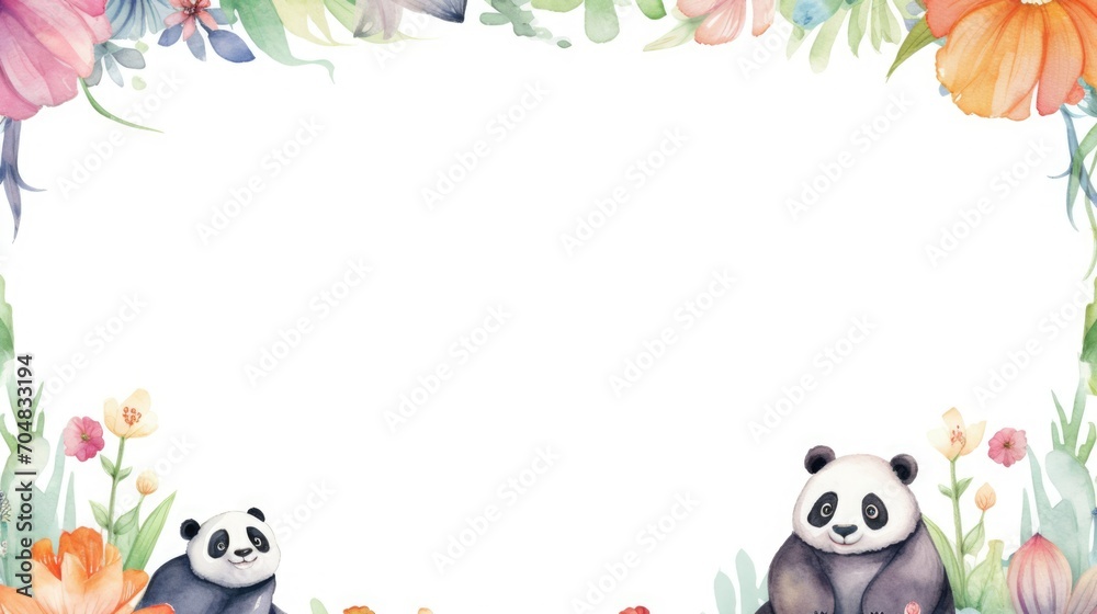 Holiday greeting postcard with cute bear. Beautiful watercolor children card with panda. Empty space for your text. Blank place for birthday design. Kid illustration art. Child poster painting.