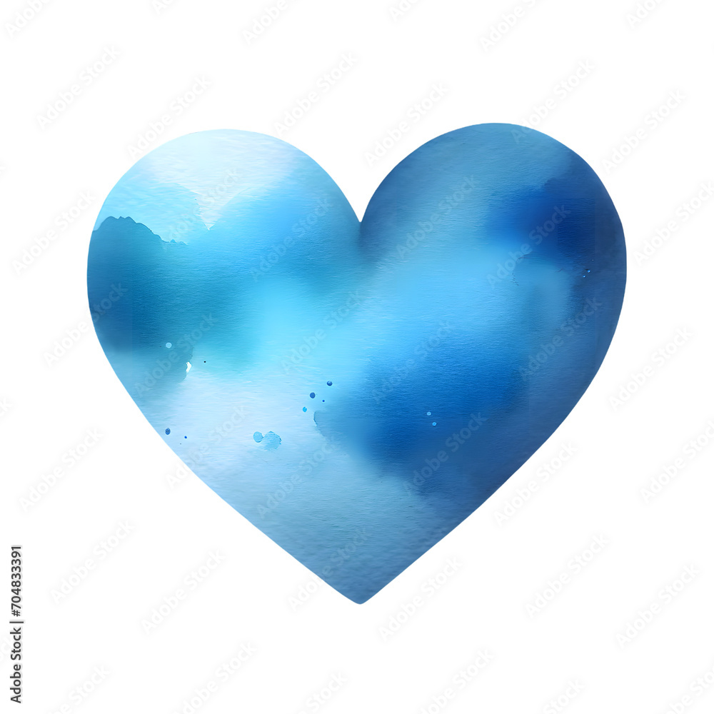 Blue heart on white background. Watercolor blue heart. Watercolor blue heart clipart. Watercolor blue heart element. Blue heart clipart. Blue heart element.