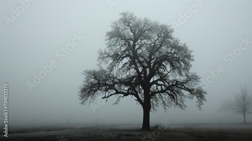  a foggy field with a tree in the foreground and a road in the foreground on a foggy day.