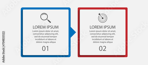 business infographic design 2 parts or steps, there are icons, text and numbers, square design with interconnected color lines, for workflow diagrams, banners and your business
