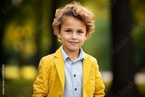 portrait of a cute little boy in a yellow jacket, outdoors