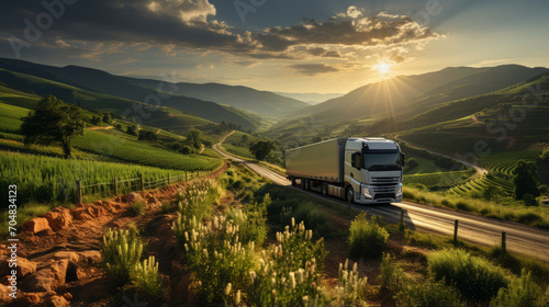 Large transport truck transporting commercial cargo on way highway road with mountains scenery