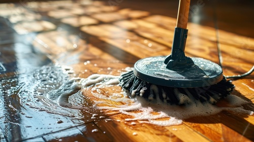  a close up of a dust mop on a wooden floor with water coming out of the top of it.