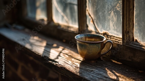  a coffee cup sitting on a window sill in a window sill with the sun shining through the windows.