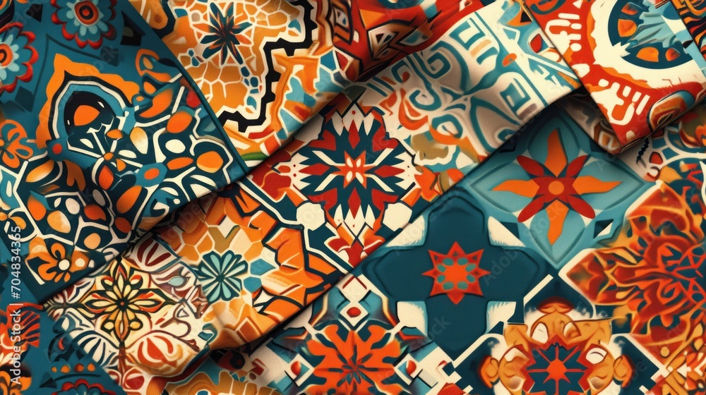 a close up of a multicolored fabric with a pattern of flowers and leaves on a blue and orange background.