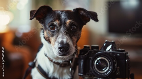 A jack russell terrier dog is holding a camera in front of a television. Generative AI.