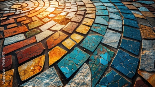  a close up of a mosaic tile floor with the sun shining through the center of the mosaic pattern in blue, orange, and yellow. photo