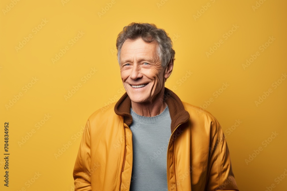 Portrait of happy senior man in yellow jacket over yellow background.