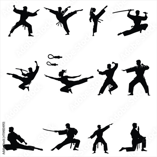 set of martial arts silhouettes, set of karate fighters silhouettes ,set of girl fitness silhouettes, set of combat fighter silhouettes , boys and girls self defence silhouettes ,fitness silhouettes