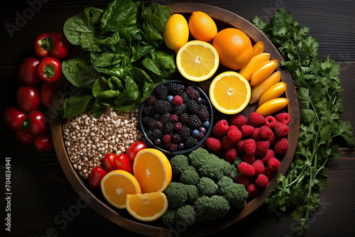 Round bowl with various berry, nuts, greens, fruits and vegetables, on wooden table, Perfect for food and drink projects. Wellbeing and healthy eating. Generative AI