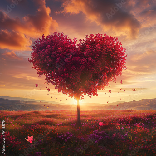 heart-shaped tree with vibrant red foliage stands in the midst of a flower-filled field against a sunset sky.