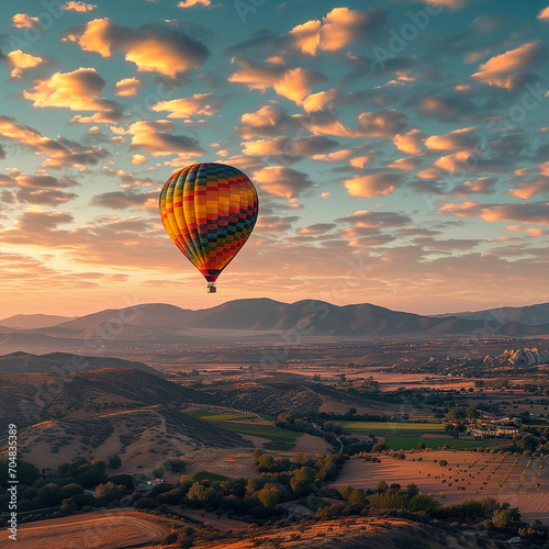 A colorful hot-air balloon floats serenely in a golden sunrise sky above a tranquil rural landscape of hills and fields.