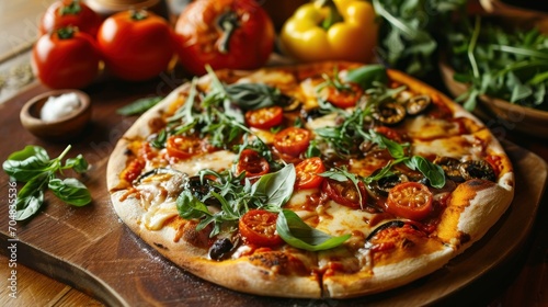  a pizza sitting on top of a wooden cutting board next to a knife and a bowl of tomatoes and basil.