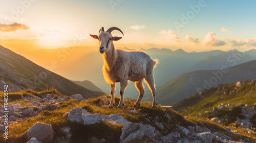 A goat playing near a mountain edge.