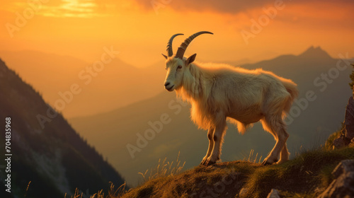 A goat playing near a mountain edge. © tong2530
