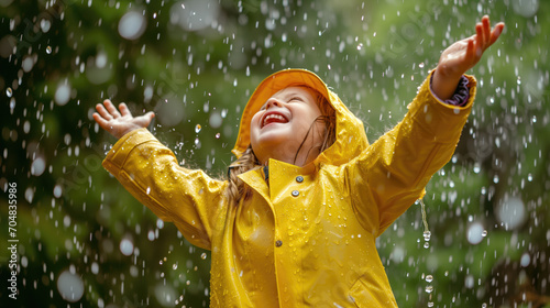 A joyful child in a yellow raincoat playing and smiling in the rain, embodying happiness and the simplicity of childhood enjoyment photo