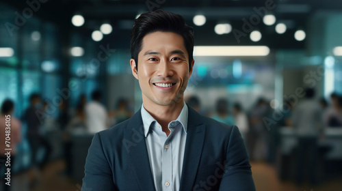 Asian business man standing in an office smiling confidently. Business corporate people background. © tong2530