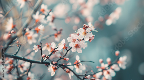 Blossoming cherry branches against a bokeh background evoke the spring season and the concept of renewal