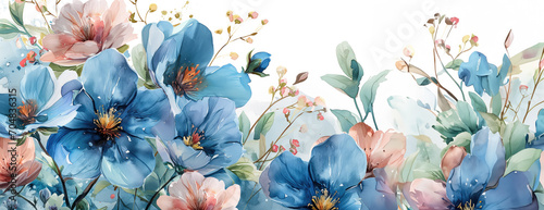 Panoramic floral watercolor illustration featuring vibrant blue and soft pink flowers with delicate leaves, suitable for spring-themed designs or invitations