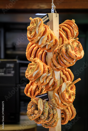 Savory pretzel or bretzel with sea salt for sale at a French bakery in Colmar, France, a village on the Alsatian Wine Route photo