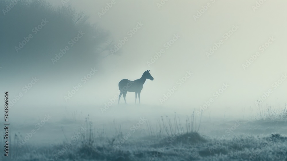 two horses standing in a foggy field on a foggy day in the country side, with trees in the background. two horses standing in a foggy field on a foggy day in the country side, with trees in the background.