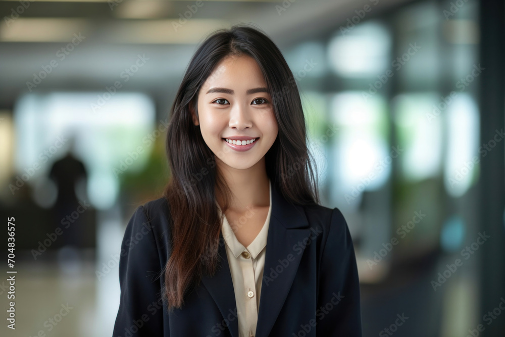 Asian business woman standing in an office smiling confidently. Business corporate people background. - obrazy, fototapety, plakaty 
