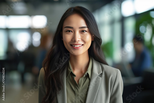 Asian business woman standing in an office smiling confidently. Business corporate people background.