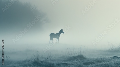  two horses standing in a foggy field on a foggy day in the country side, with trees in the background.
