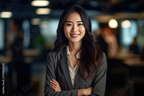 Asian business woman standing in an office smiling confidently. Business corporate people background.