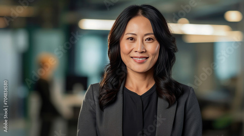 Asian mature professional business woman standing in an office smiling confidently. Business corporate people background.