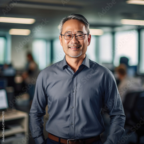Asian mature professional business man standing in an office smiling confidently. Business corporate people background. © tong2530