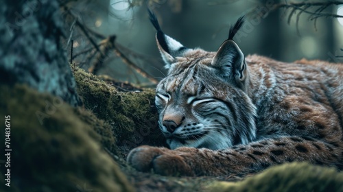  a close up of a cat laying on a mossy ground in a wooded area with trees in the background.