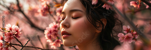A serene woman amidst blooming cherry blossoms, symbolizing renewal and the spring season