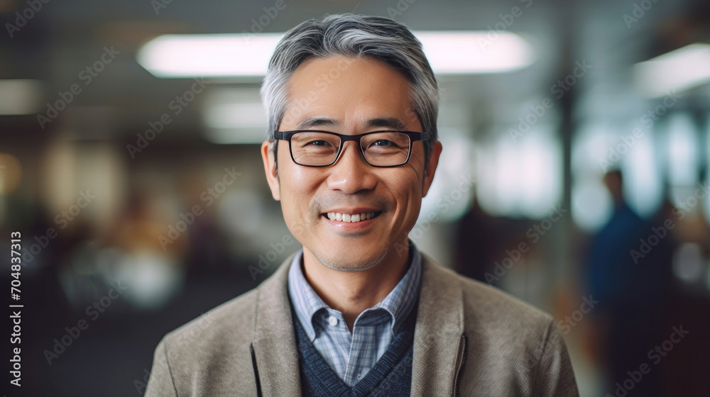 Asian mature professional business man standing in an office smiling confidently. Business corporate people background. Asian mature professional business man standing in an office smiling confidently. Business corporate people background.