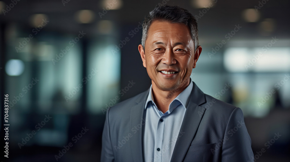 Fototapeta premium Asian mature professional business man standing in an office smiling confidently. Business corporate people background.