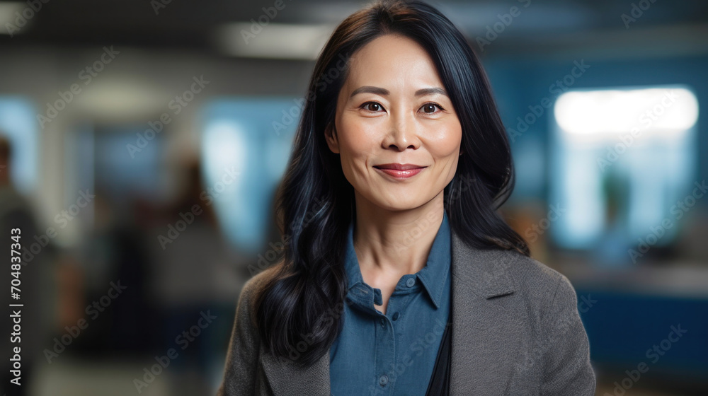 Asian mature professional business woman standing in an office smiling confidently. Business corporate people background. Asian mature professional business woman standing in an office smiling confidently. Business corporate people background.