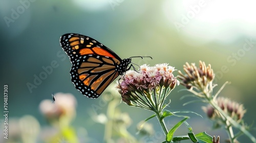  a close up of a butterfly on a flower with a blurry background of grass and flowers in the foreground.